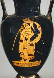 Detalje fra en attisk rød-figur hals amfora af en kriger figur (keramik)